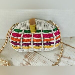 Vintage 70s purse picnic basket style plastic coated wicker shoulder bag EUC